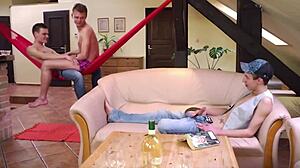 three hot twinks dive into a wild bareback orgy with intense action.