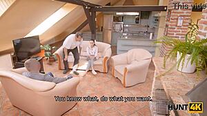 Hunt4k chick with shaved pussy drilled while hubby watches in shock