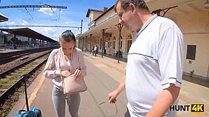 Hunt4k chick with shaved pussy drilled while hubby watches in shock