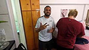 behind the scenes of porn with blonde taking two. fat tattooed body handles interracial double action.