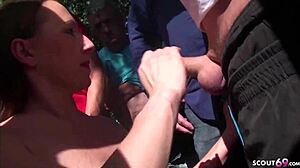 German Mom Overwhelmed by 20 Guys at Beach Gangbang