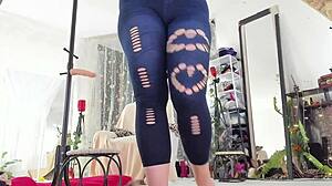 curvy hot milf in tight jeans teasing with legs and belly, wow!