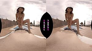 The young Latina nympho enters the pool horny and wants outdoor POV sex.