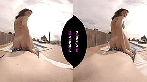 The young Latina nympho enters the pool horny and wants outdoor POV sex.