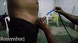 40 degrees heat in rio, rubber bath with neighbor then bareback fuck