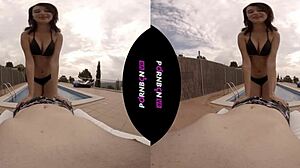 The young Latina nympho enters the pool horny and wants outdoor POV sex.