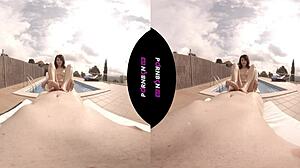 The young Latina nympho enters the pool horny and wants outdoor POV sex.