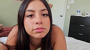 Latina step sis excitedly shows college skills with cum on tits.