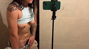 Latina Ebony Masturbates Big Clit in Bathroom