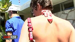 Skinny short-haired teen 18+ takes huge cock deepthroat and facial