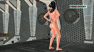 Animated 3D cartoon of a cute Indian girl posing and playing with a banana