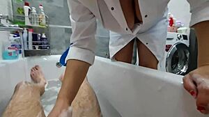 Stepmom gives her stepson a sloppy blowjob and a massage