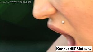 Pregnant redhead babe teases then gets drilled outdoors in rough sex