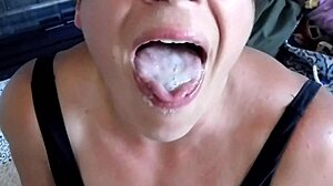 Thick housewife gives perfect blowjob and swallows huge cum