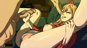 Anime Blonde Power and Denji Engage in Muff Diving and Monster Cock Blowjob