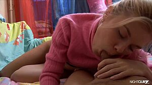 Blonde teen hints at licking her boyfriend's cock in cowgirl