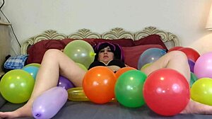 Pop balloons while masturbating with vibrator on bare feet. Fetish pleasure awaits.