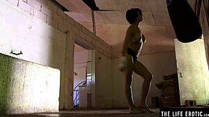 Athletic Brunette Feels Intense Pleasure Masturbating In Boxing Gym