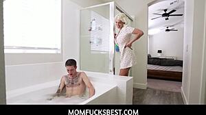 Blonde American stepmother Charli Phoenix seduces stepson in bathroom for intense sex.