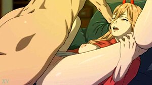 Anime Blonde Power and Denji Engage in Muff Diving and Monster Cock Blowjob