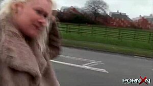 British babe flashes shaved pussy outdoors