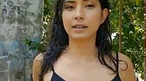 she's presenting her beautiful latina body in the forest