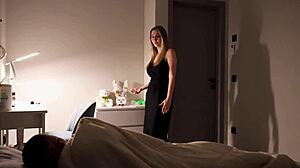 stepson comforts stepmother in bed during loud thunder