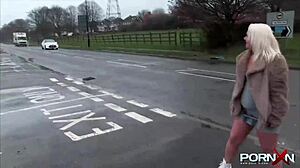 British babe flashes shaved pussy outdoors