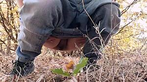 Man, peeing outdoors in a risky forest toilet feels so daring