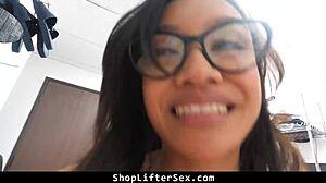 teen caught stealing heels gets bent over for blowjob at work