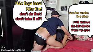 Blindfolded skinny old wife rests while husband's friend hides in wardrobe for cuckold fetish