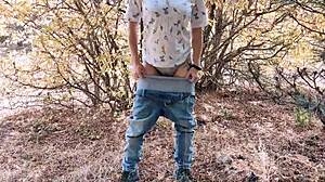 Man, peeing outdoors in a risky forest toilet feels so daring