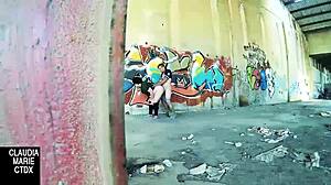A public place wall is used for a hot and hardcore sex scene