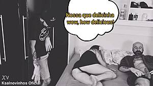 Blindfolded skinny old wife rests while husband's friend hides in wardrobe for cuckold fetish