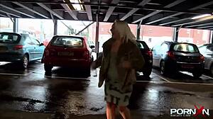 British babe flashes shaved pussy outdoors