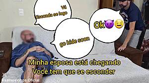 Blindfolded skinny old wife rests while husband's friend hides in wardrobe for cuckold fetish