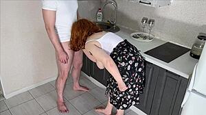 stepmom fucks her big ass in the kitchen and gives blowjob