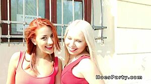 Amateur redhead teen and euro blonde girlfriend in hardcore group sex scene