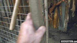 Horrorporn beast from woods in rough bondage threesome blowjob