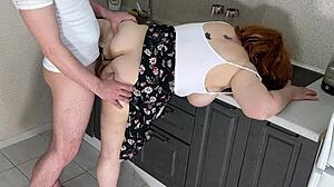 stepmom fucks her big ass in the kitchen and gives blowjob