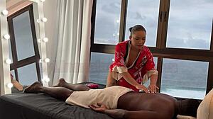Asian masseuse gives relaxing massage to big black guy who cums inside Latina's pussy - Lina Nakamura