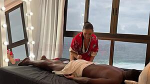 Asian masseuse gives relaxing massage to big black guy who cums inside Latina's pussy - Lina Nakamura