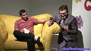 Orgy loving gay hunk gets tagteamed with blowjobs and assfucking