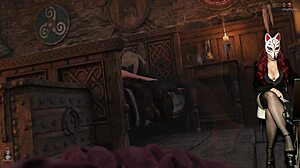 Busty elf girls dildo each other in anime cosplay.