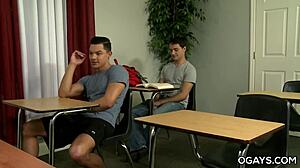 Want to see gay threesome deepthroat in classroom?