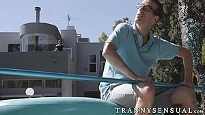 Sensual Shemale Natalie Mars Seduces Big Dick Pool Guy with Anal Sucking