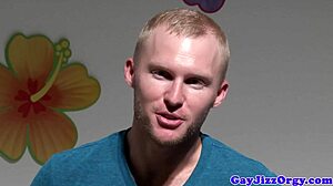 Orgy loving gay hunk gets tagteamed with blowjobs and assfucking