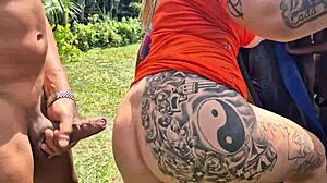 Friends stop car on road to fuck hot babes in grass