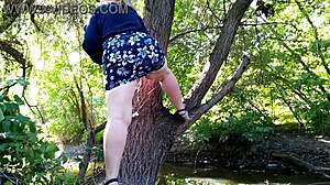 Horny BBW milf fingers herself with toys outdoors, legs high