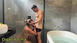 A curvy bodybuilder gets creampied in the bathroom